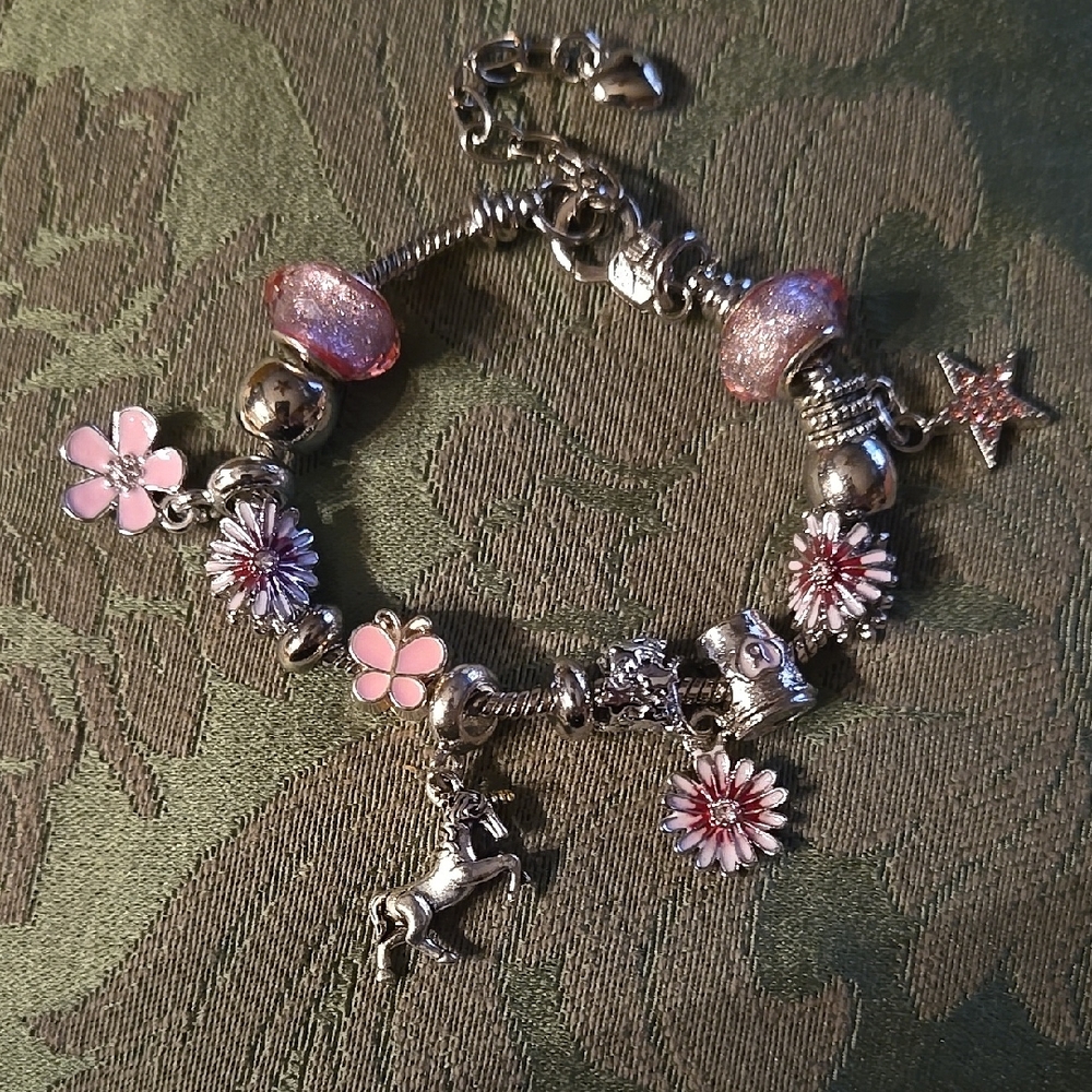 Hand Crafted Silvery and Pink Charm Bracelet, Unicorn And